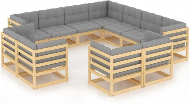 vidaXL 11-tlg Garten-Lounge-Set Modell 6 aus massivem Kiefernholz in U-Form mit grauen Polsterkissen - Bild 1
