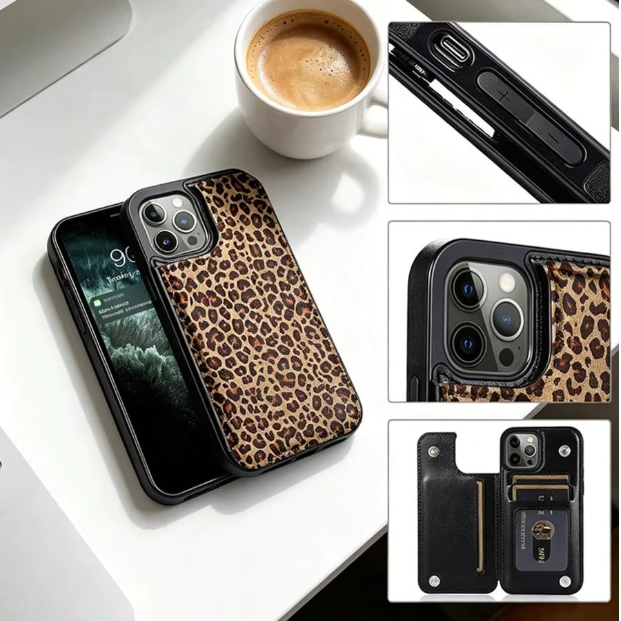 Elegante Handyhülle im Portemonnaie-Stil mit Leopardenmuster in Schwarz für iPhone 12 bis iPhone 17 Pro Max Modelle - Bild 3