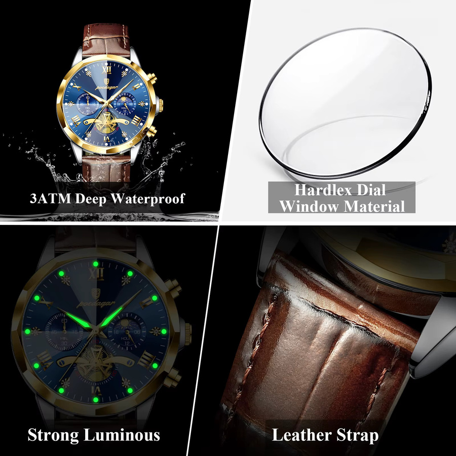 POEDAGAR Armbanduhr Chronograph, Quarz, Leder, Blau, Herren - Bild 4
