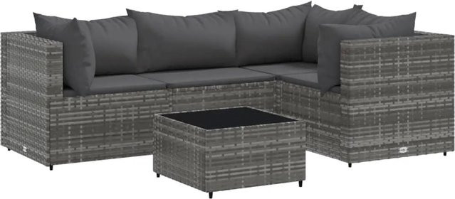 vidaXL 5-tlg. Garten-Lounge-Set in L-Form aus grauem PE-Rattan mit Kissen und Couchtisch - Bild 1