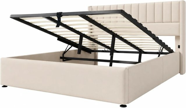 Merax Polsterbett mit Hydraulik und Stauraum in Beige, B/T/H: 180 x 200 x 113 cm - Bild 1