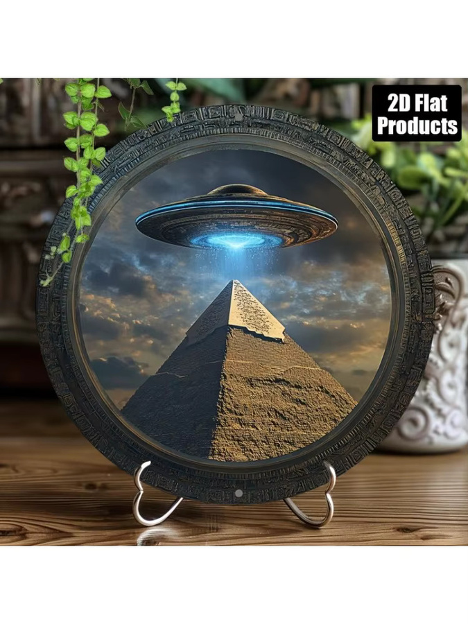 Rundes Metallschild Potdemiel mit Pyramiden-UFO-Motiv in Mehrfarben, dekoratives Retro-Design für Bar, Küche oder Büro - Bild 4