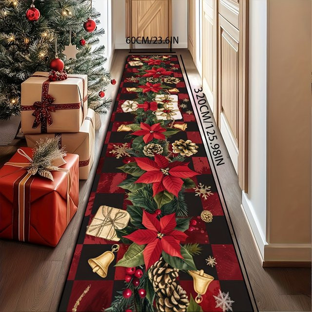 VIKAMA Weihnachts-Flurläufer aus Kristall-Samt in Rot Kariert, Dekorativer Teppich für Wohnzimmer und Flur, Breite: 50 cm, Tiefe: 120 cm - Bild 1