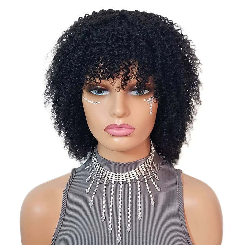 Linhua Afro Kinky Curly Echthaarperücke, kurzer lockiger Bob mit Pony, Damen - Bild 2