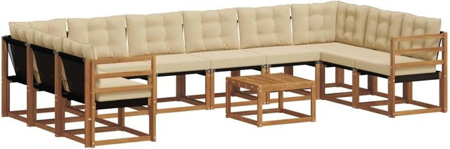 vidaXL Outdoor-Sofagarnitur aus massivem Akazienholz mit Textilene und Kissen, 11-teilig, Natur-Beige - Bild 1