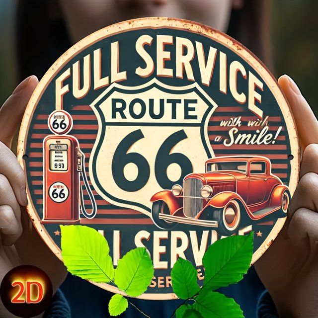 Potdemiel Retro Route 66 Full Service Aluminium-Wandkunstschild mit Auto- und Streifenmustern - Bild 1