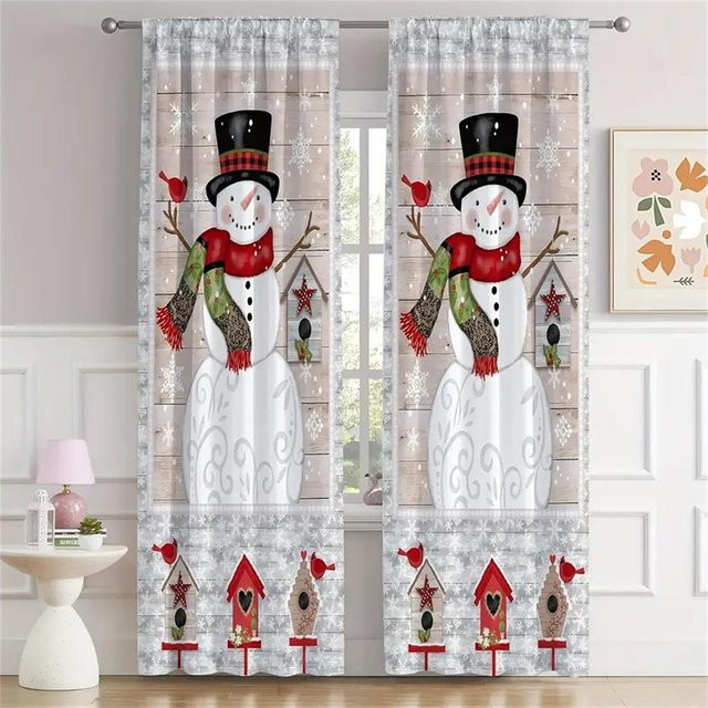 2er-Set Weihnachtsvorhänge mit 3D Schneemann Winterlandschaft Druck in Grau, halbtransparent Polyester-Fensterdekoration für das Schlafzimmer, B/H: 50 x 130 cm - Bild 1