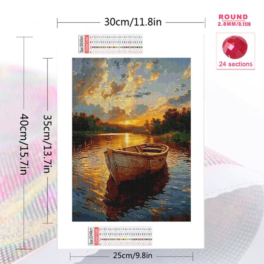 Momoart DIY Diamant-Stickerei Boot-Landschaftsmalerei mit Sonnenuntergang als Mosaik-Set für Erwachsene und Anfänger, Mehrfarbig, B/H: 30 x 30 cm - Bild 2