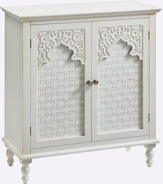 Weiße Kommode aus Tannenholz mit geschnitzten Ornamenten, B/T/H: 86,5 x 36,0 x 80,0 cm - Bild 1