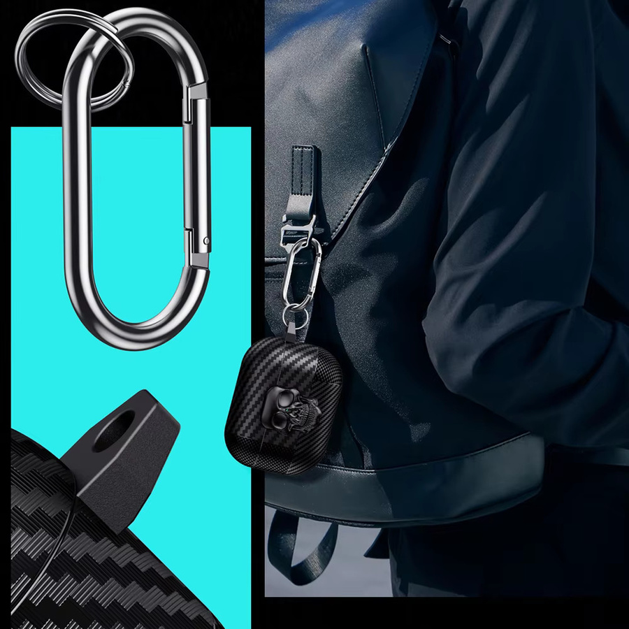 Schutzhülle mit Totenkopf-Carbonfaser-Muster für Apple AirPods Pro, AirPods 4, 3, 2, 1 in Schwarz mit Haken - Bild 4