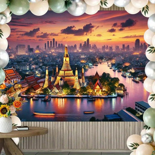 Bangkok Nachtansicht Wandteppich von JMG Household Supplies mit goldener Pagode und schwimmenden Booten, Multicolour, B/H: 60 x 90 cm - Bild 1