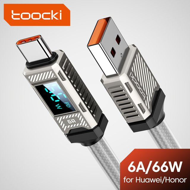 Toocki USB-C Schnellladekabel 66W mit digitaler Anzeige in Weiß - Bild 1