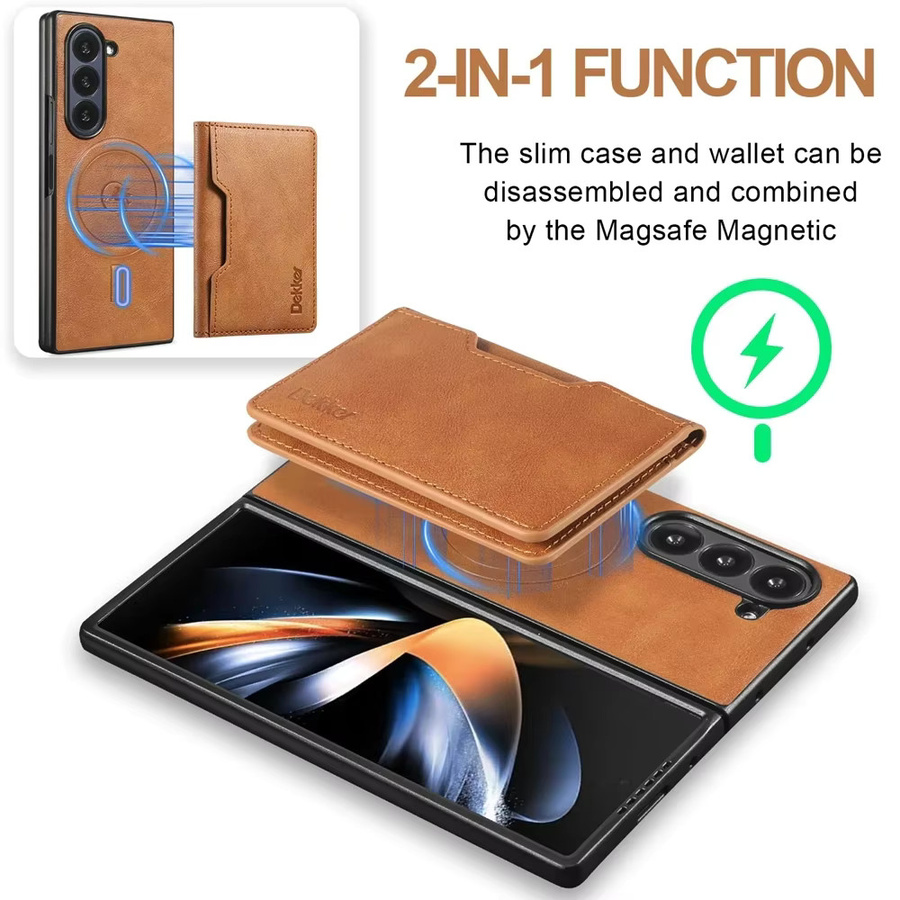 2-in-1 Magnetische Leder-Brieftaschen-Handyhülle mit kabellosem Ladegerät für Samsung Galaxy Z Fold (kompatibel mit Z Fold 8 Ultra, 7, 6, 5, 4, 3) in Braun - Bild 2