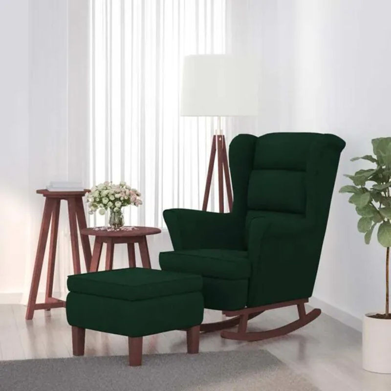 Vidaxl Schaukelstuhl mit Hocker aus grünem Samt und Massivholzbeinen im Mid-Century Design - Bild 1