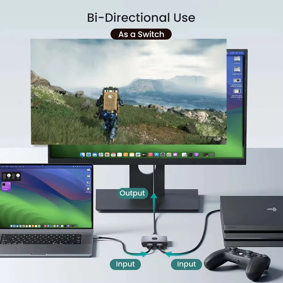 NIERBO HDMI 2.1 Switch Splitter 2 in 1 Out Bidirektionaler Adapter in Silber, 8K@60Hz und 4K@120Hz, 48 Gbit/s Aluminium Hub für PS5 und Xbox - Bild 2