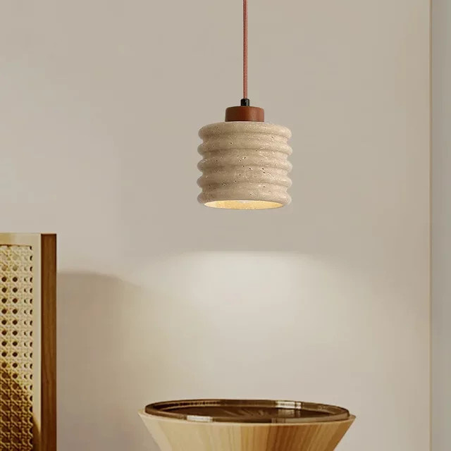 Pumous LED-Pendelleuchte im modernen nordischen Design aus Holz und Travertin Stein in Gelb und Beige - Bild 1