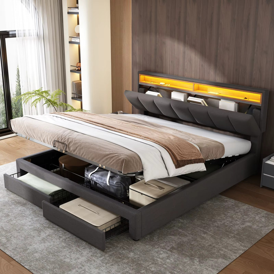 FEEOHOME Polsterbett Grau mit LED, Modernes Doppelbett mit Stauraum durch Schubladen und Hydraulik sowie Kopfteil, B/T: 180 x 200 cm - Bild 5