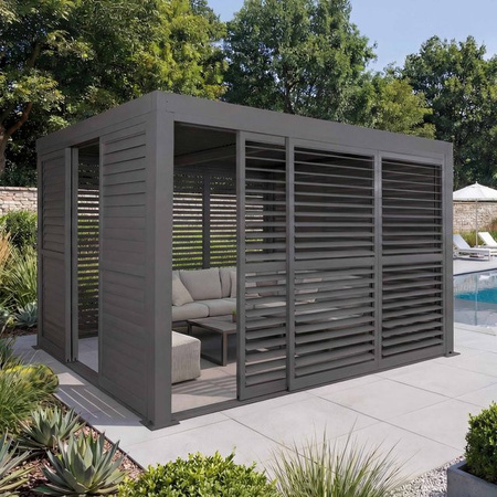 Alu Pergola MCW-L46 Terrassenüberdachung mit 6 Lamellenpaneelen und 6 Schiebetüren in Anthrazit, B/T: 300 x 300 cm