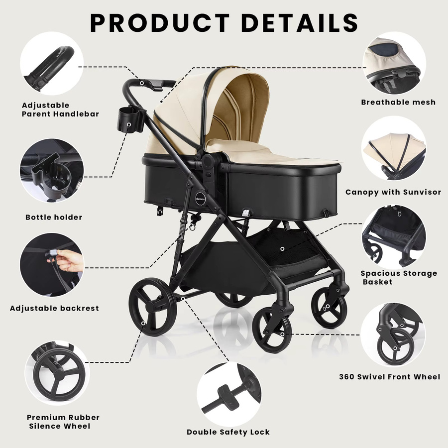 2-in-1 Baby-Kinderwagen in Beige als faltbares Reisesystem mit umkehrbarem Sitz und verstellbarem Sonnendach für Neugeborene und Kleinkinder von 0-36 Monaten - Bild 5