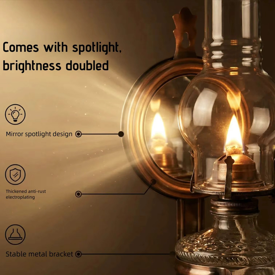 Tiaking Kerosinlampe im Retro-Stil mit Reflektor und transparentem Glas, Farbe Gold/Messing, Höhe: 27 cm - Bild 4