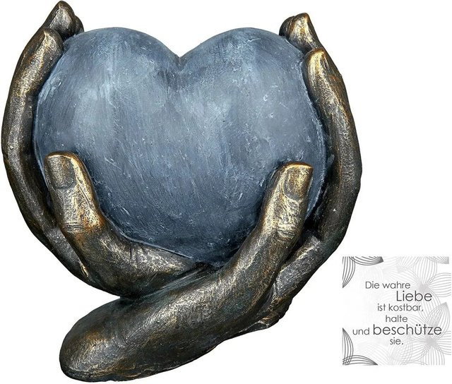 Gilde Skulptur Herz in Händen in Grau und Gold, Tischdeko B: 15 cm, T: 15 cm, H: 10 cm - Bild 1
