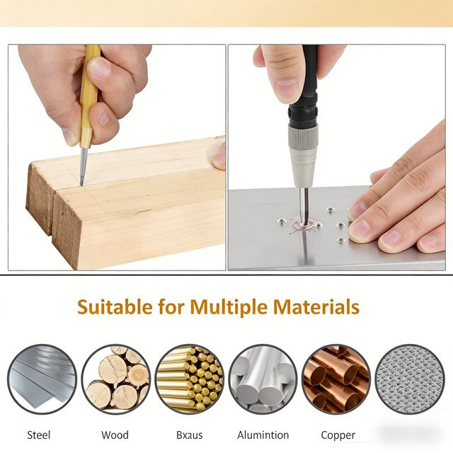 Automatischer Zentrierpunktstempel in Silber als federbelastetes Markierungswerkzeug für Holz, Metall und Stahl zur präzisen Bohrpositionierung für Tischlerei und DIY - Bild 1