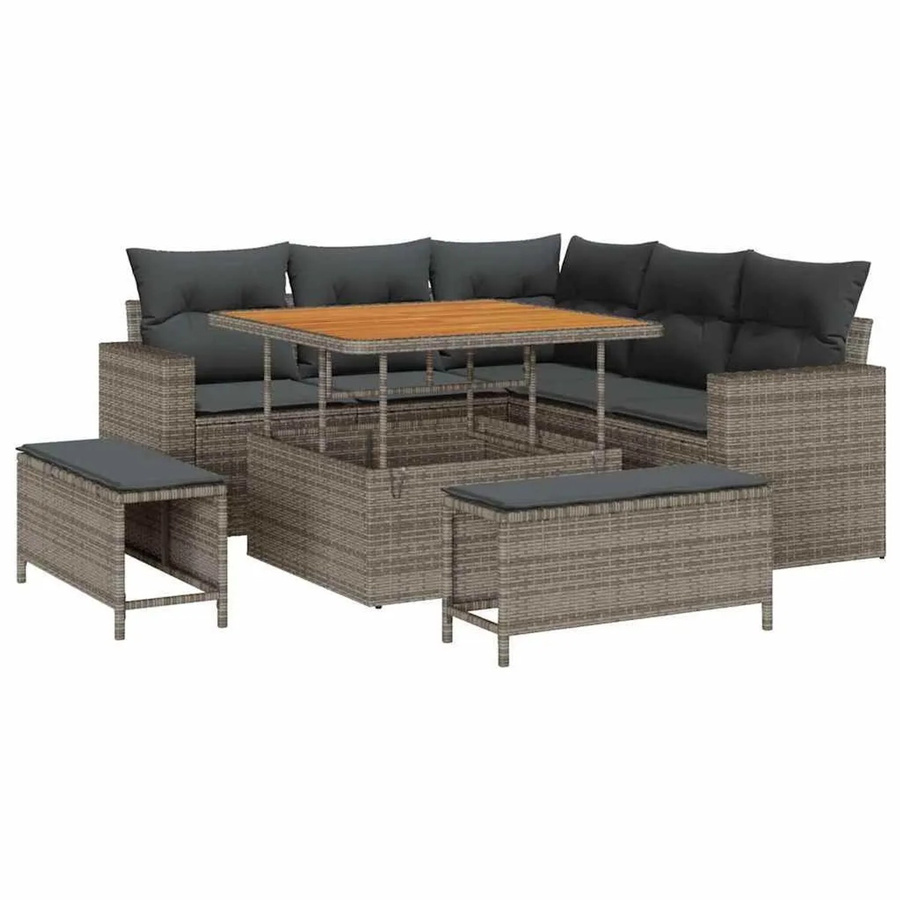 vidaXL Gartensofa-Set aus Poly-Rattan in Grau mit 9 Kissen, Ecksofa L-Form mit Ottoman und Couchtisch, wetterfest und UV-beständig - Bild 2