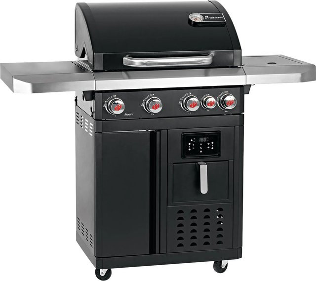 Landmann Gasgrill GG-II-492BKDE in Schwarz mit Seitenbrenner-Kochfeld, Heißluftfritteuse und Modulus Grillrost-System, Breite: 120 cm - Bild 1