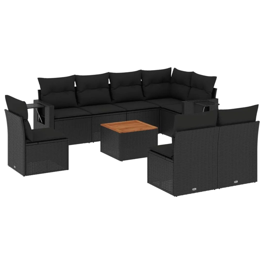 vidaXL 9-teilige Garten-Sofagarnitur aus Poly-Rattan und Akazienholz in Schwarz mit Kissen - Bild 2