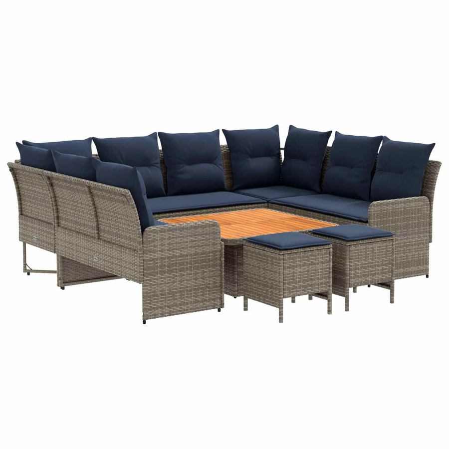vidaXL Gartenmöbelset L-Form aus PE-Rattan und Akazienholz mit 8 Kissen in Grau und Marineblau - Bild 2
