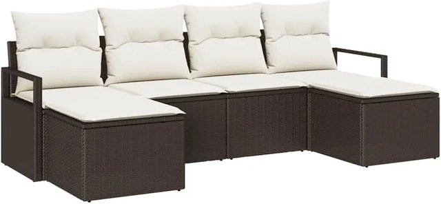 vidaXL Garten-Sofa-Set 6-teilig aus Poly-Rattan in Braun mit Polstern und Ottomane - Bild 1