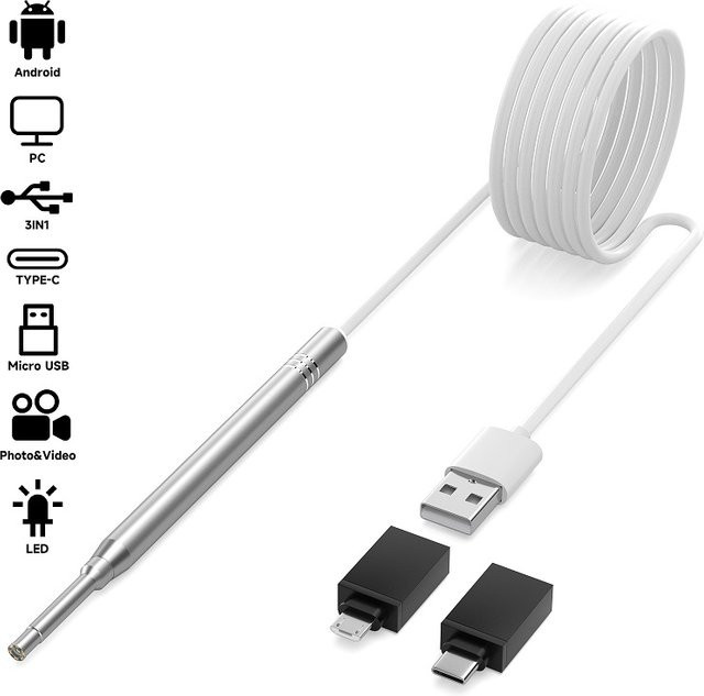 VISHRT 3in1 USB Otoskop mit Endoskop Kamera und 6 LEDs für Android und PC, Type-C Anschluss, 5,5mm Durchmesser - Bild 1