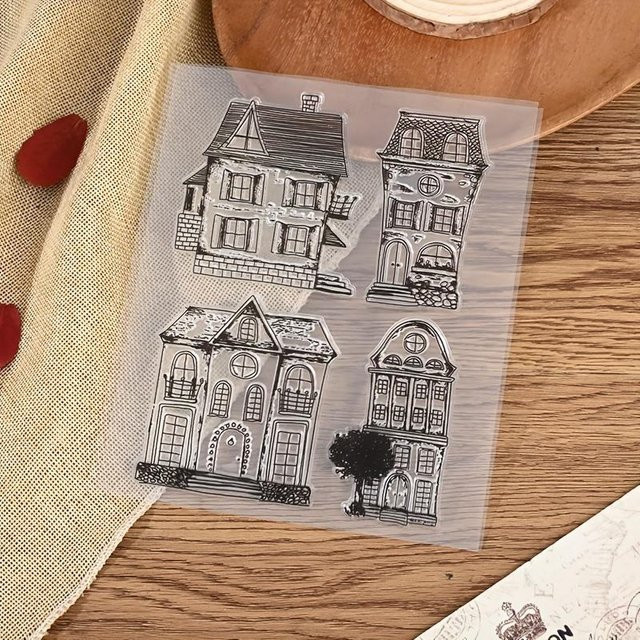 LChome Gummi Stempel mit Gebäude-Motiv im Retro-Stil, rechteckig, transparent, grau - Bild 1