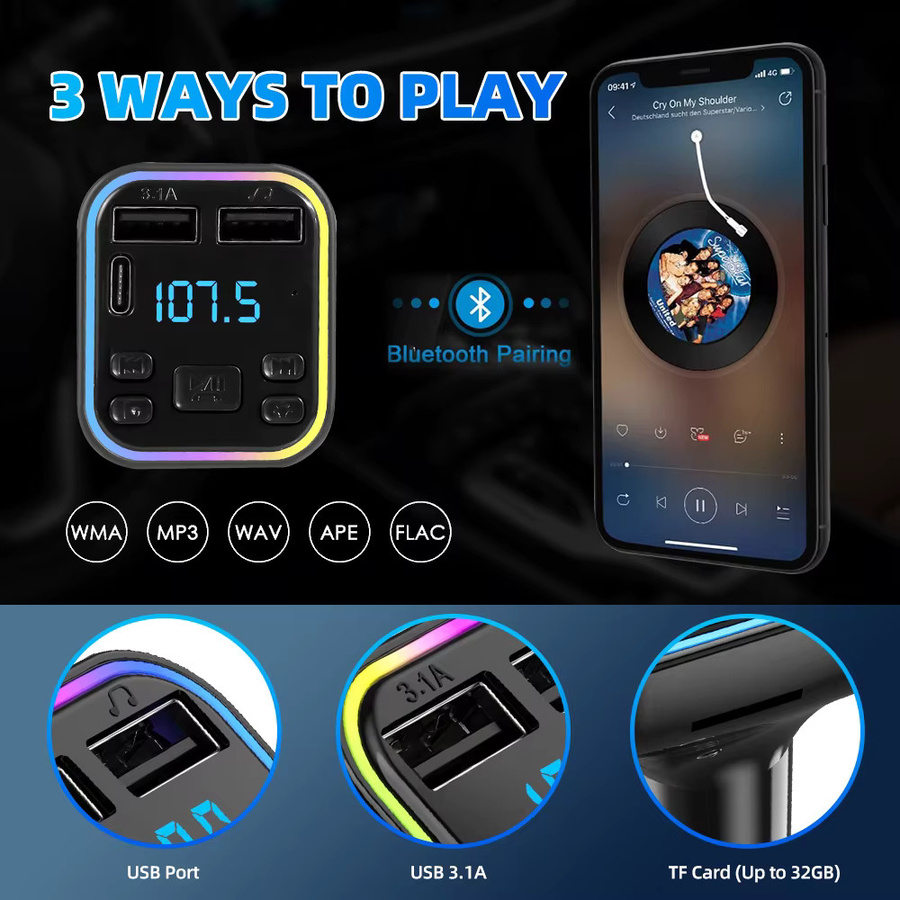 Kebidu Bluetooth 5.0 FM Transmitter mit PD Typ-C und Dual USB 3.1A Schnellladegerät, MP3 Modulator und Freisprecheinrichtung in Schwarz mit buntem Umgebungslicht - Bild 2