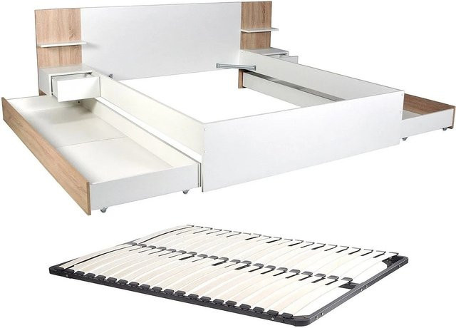 Vente-unique Bettrahmen Klyrana in Weiß mit Schubladen, B/T/H: 160 x 200 x 204,2 cm - Bild 1