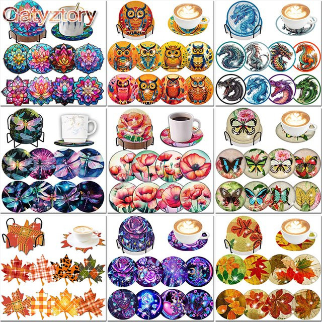 PhotoCustom DIY Diamantmalerei Untersetzer Set mit floralen Motiven, 8er Set, Multicolour, B/B/H: 10 x 10 x 10 cm - Bild 1