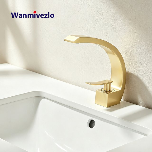 Moderner gebogener Einhebelmischer für Waschtisch in Chrom, wassersparende Einloch-Armatur aus Messing mit Keramikkartusche - Bild 1