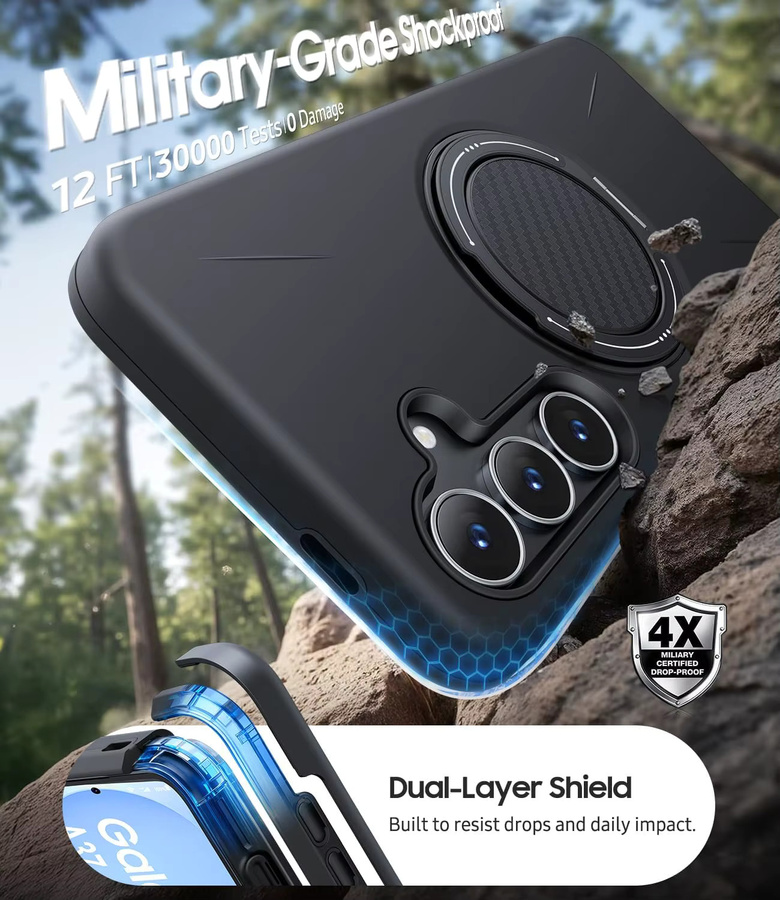 Stoßfeste Dual Layer Magnetische Schutzhülle mit Ringhalter und Kickstand für Samsung Galaxy A37 und Samsung Galaxy A57 in Schwarz - Bild 3
