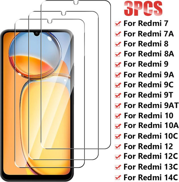 3 Stück Displayschutzfolie aus gehärtetem Glas für Xiaomi Redmi 9 9A 9C 7 8 8A 10 10A 10C 12 12C 13C 14C 5G, transparent - Bild 1