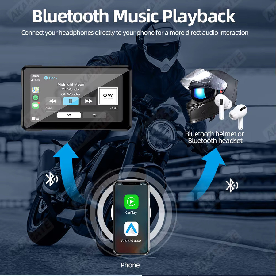AKAMATE Motorrad-Monitor mit kabellosem CarPlay und Android Auto, tragbares GPS-Navigationsgerät mit Bluetooth und IPS Touchscreen in Schwarz - Bild 3
