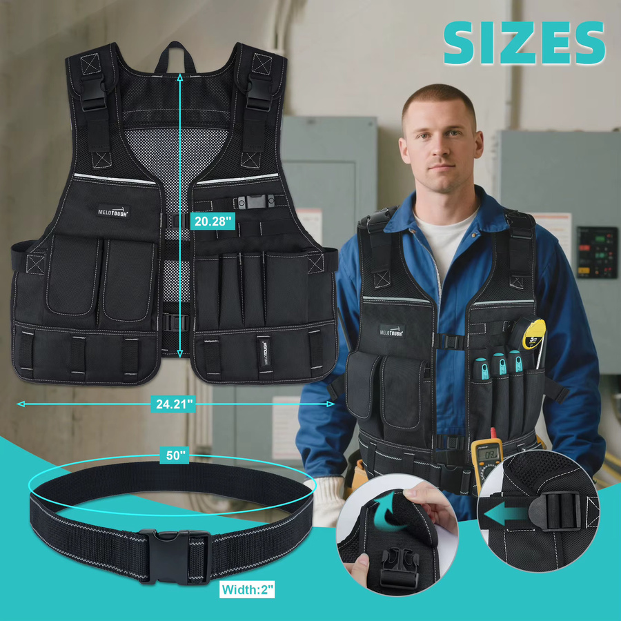 Meloworkgear Werkzeugweste für Herren in Schwarz mit Taschen und Gürtel für Elektriker und Zimmerleute - Bild 2
