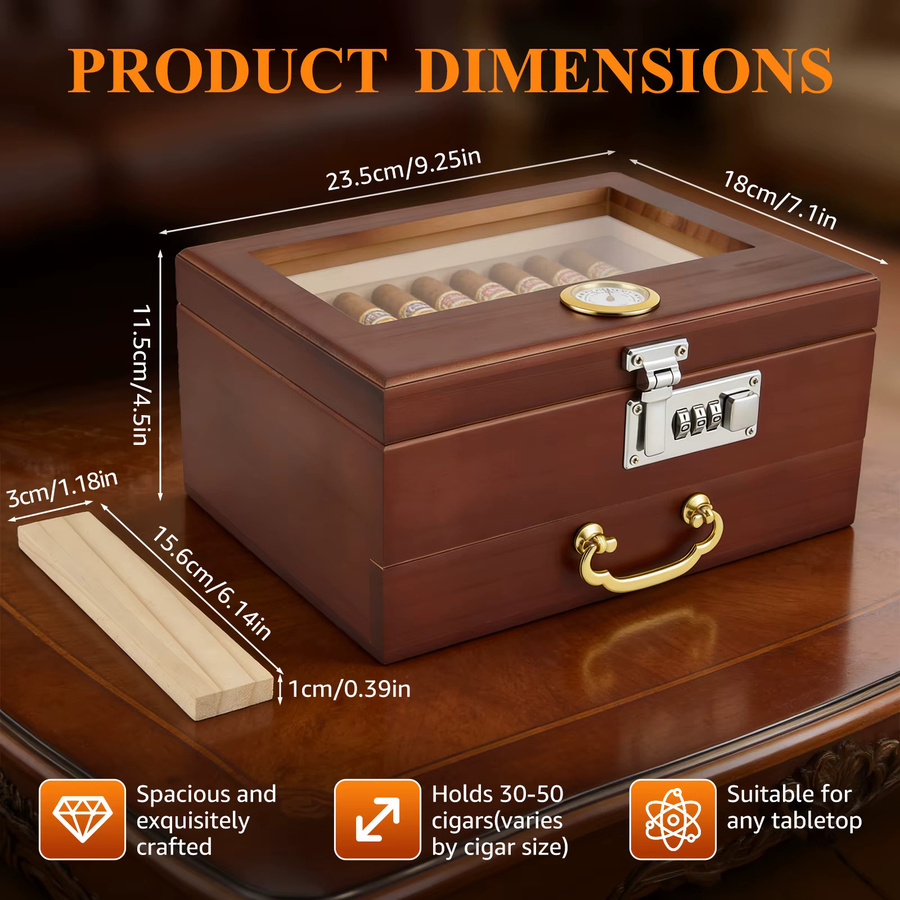 Zassenhaus Zigarren-Humidor aus Zedernholz mit Hygrometer, Schublade und Längenmesser, B/T/H: 23,5 x 18 x 11,5 cm - Bild 6