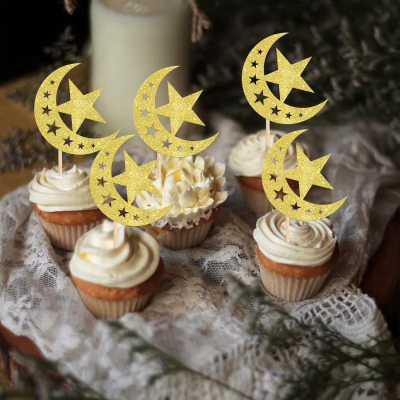 12 Stück Cupcake Topper Mond und Stern in Gold für Eid Mubarak und Ramadan Kareem Party Dekoration - Bild 2