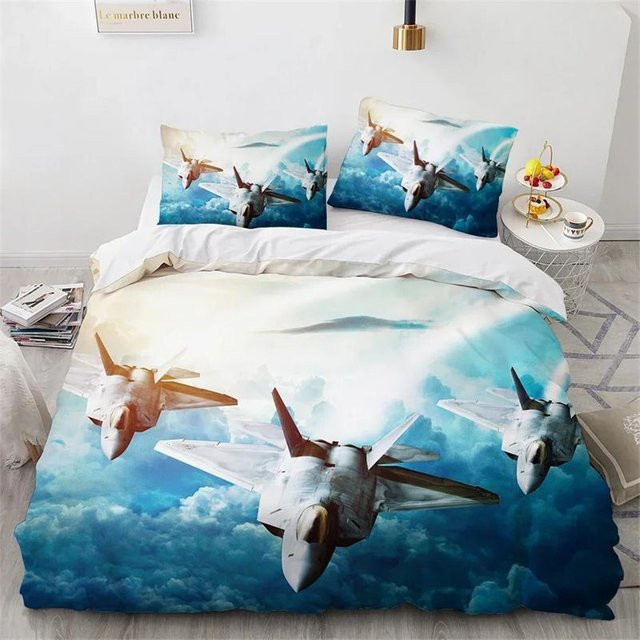 Bettwäsche-Set mit Kampfflugzeug-Motiv von Wucifang Bags in Blau, bestehend aus Deckenbezug und Kissenbezug aus Polyester, B/H: 135 x 200 cm - Bild 1