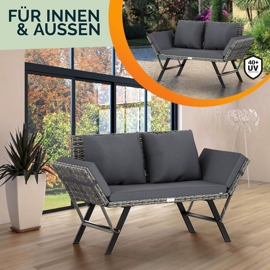 Homfa Gartenbank aus Rattan mit verstellbaren Armlehnen und dunkelgrauen wetterbeständigen Kissen für Garten und Terrasse - Bild 2