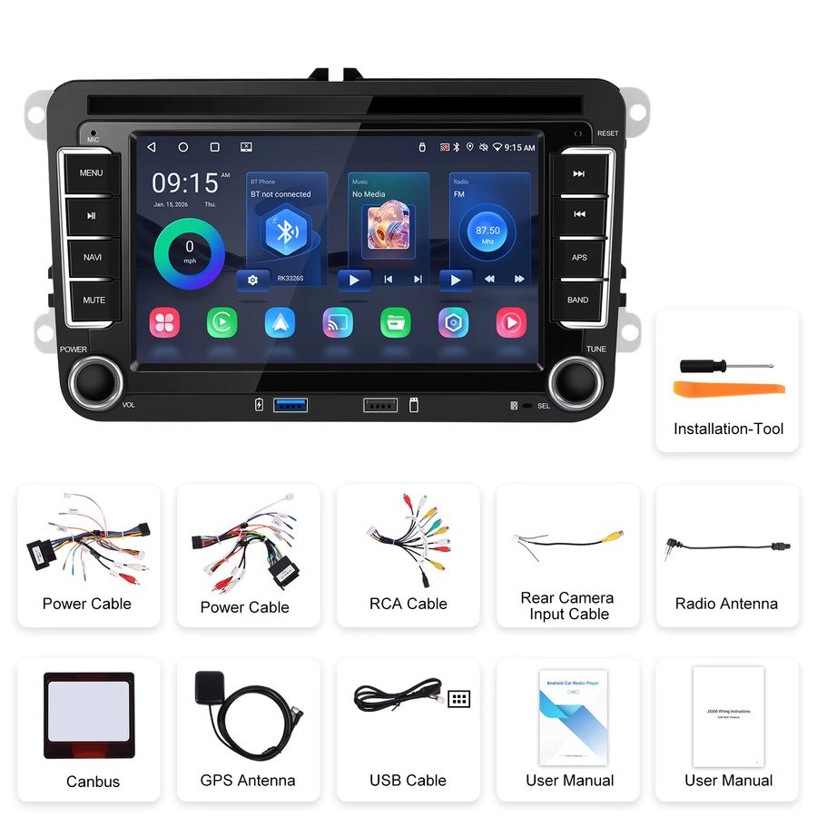 Podofo Android Autoradio 2 Din mit 7 Zoll Display, 2+64G, Schwarz, mit WiFi, GPS, Wireless CarPlay und Android Auto für Volkswagen, Seat und Skoda - Bild 4