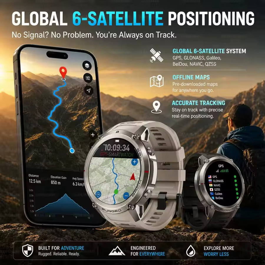 GUHUAVMI Militärzertifizierte Outdoor Sport-Smartwatch für Herren mit GPS, Offline-Karte und 1,43 Zoll AMOLED Display, 5ATM Wasserdicht, Bluetooth Telefonie, Schwarz - Bild 2
