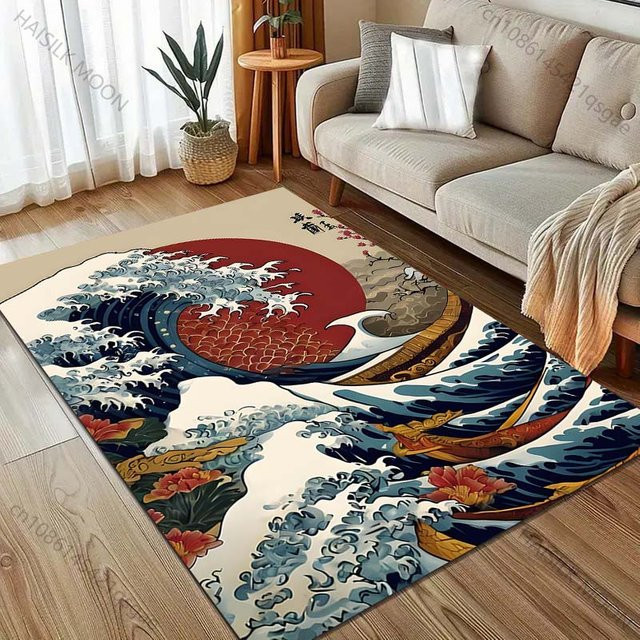 UQIDEHOME Teppich mit japanischem Kanagawa Wellen Muster, Mehrfarbig, B/T: 160 x 80 cm - Bild 1