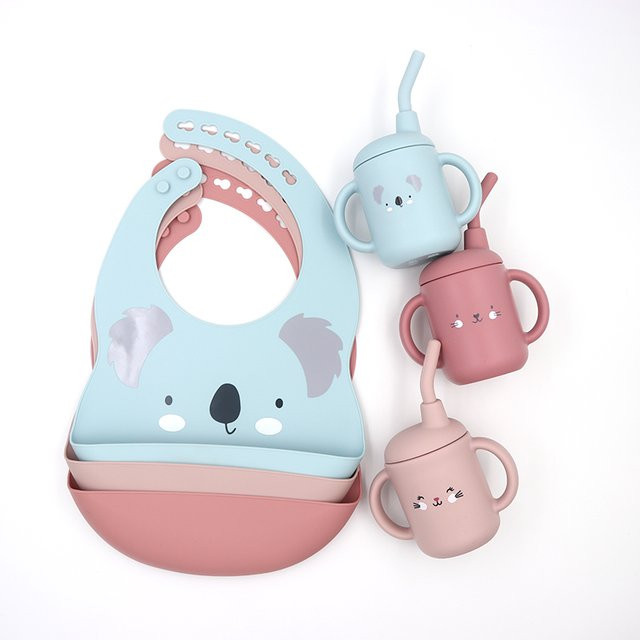 Wasserdichtes Silikon-Lätzchen-Set mit Beißringen und Cartoon-Babybecher in Orange und Multicolour - Bild 1