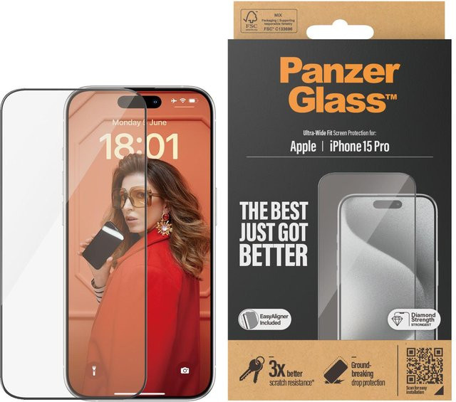 PanzerGlass Ultra-Wide Fit Displayschutzglas mit EasyAligner für iPhone 15 Pro, transparent - Bild 1